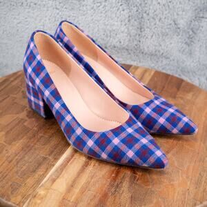 J.CREW LANEY BLOCK HEEL PUMPS IN PETUNIA PLAID HEELS SIZE 5.5